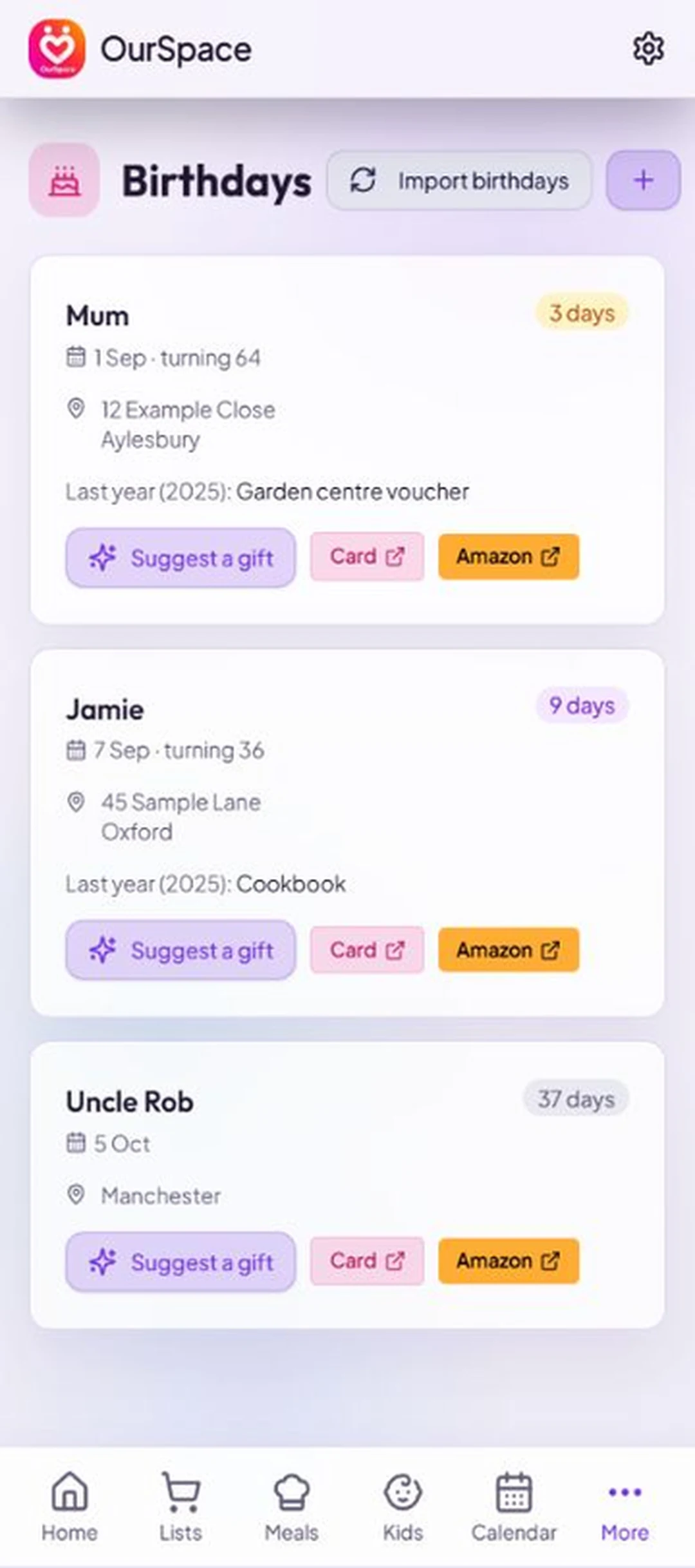 OurSpace's birthdays screen showing upcoming birthdays and gift ideas.