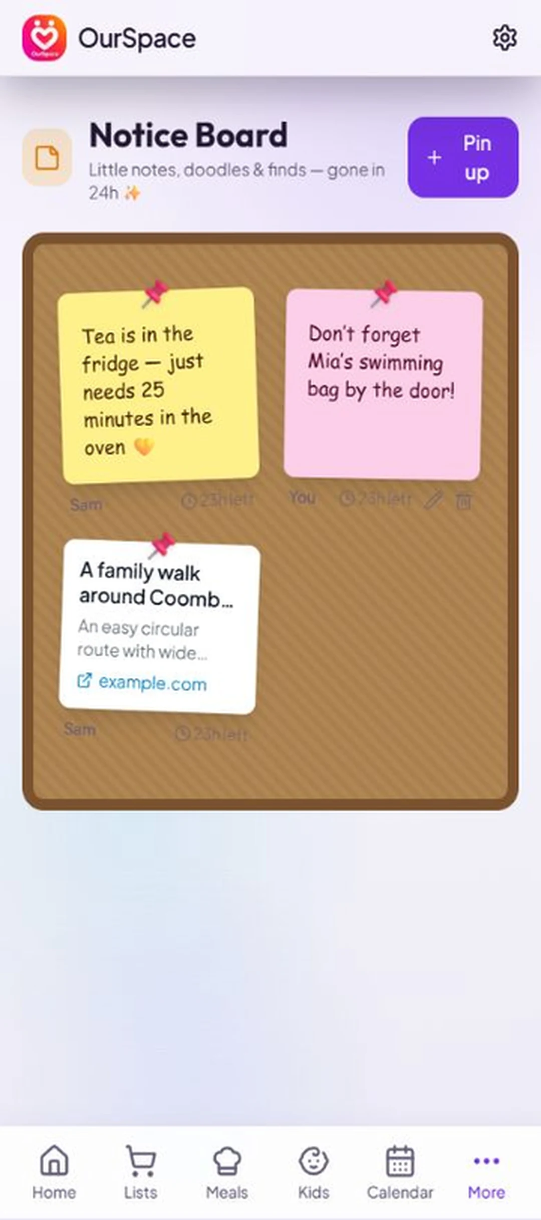 OurSpace's notice board showing colourful notes, doodles and links shared between partners.