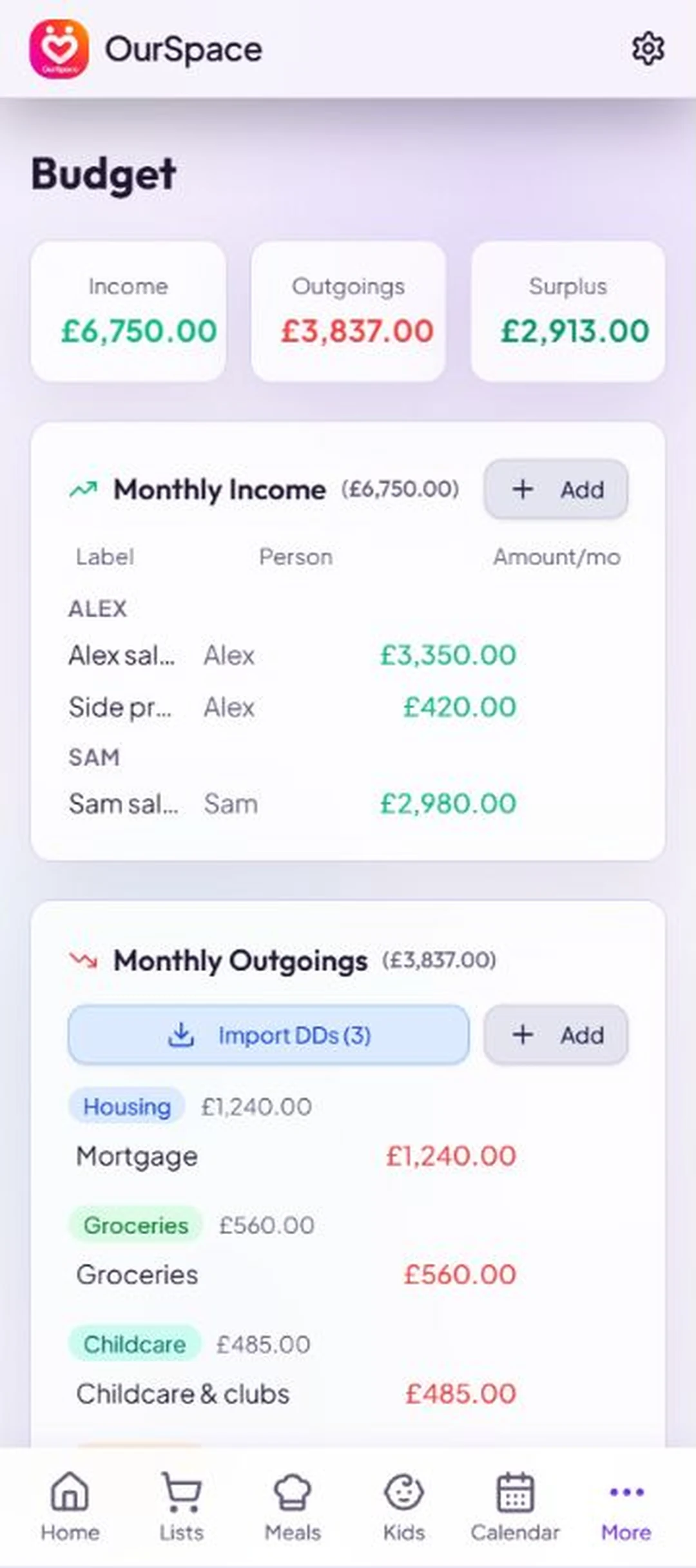 OurSpace's budget screen showing household income, spending categories and remaining money for the month.