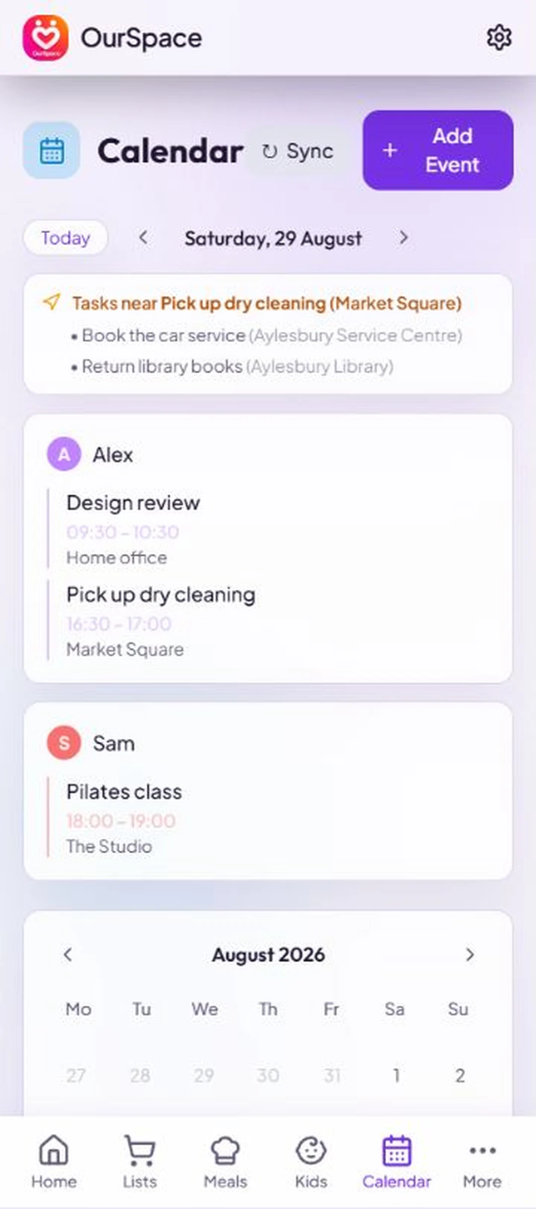 OurSpace's calendar showing both partners' events together, with day and month views.