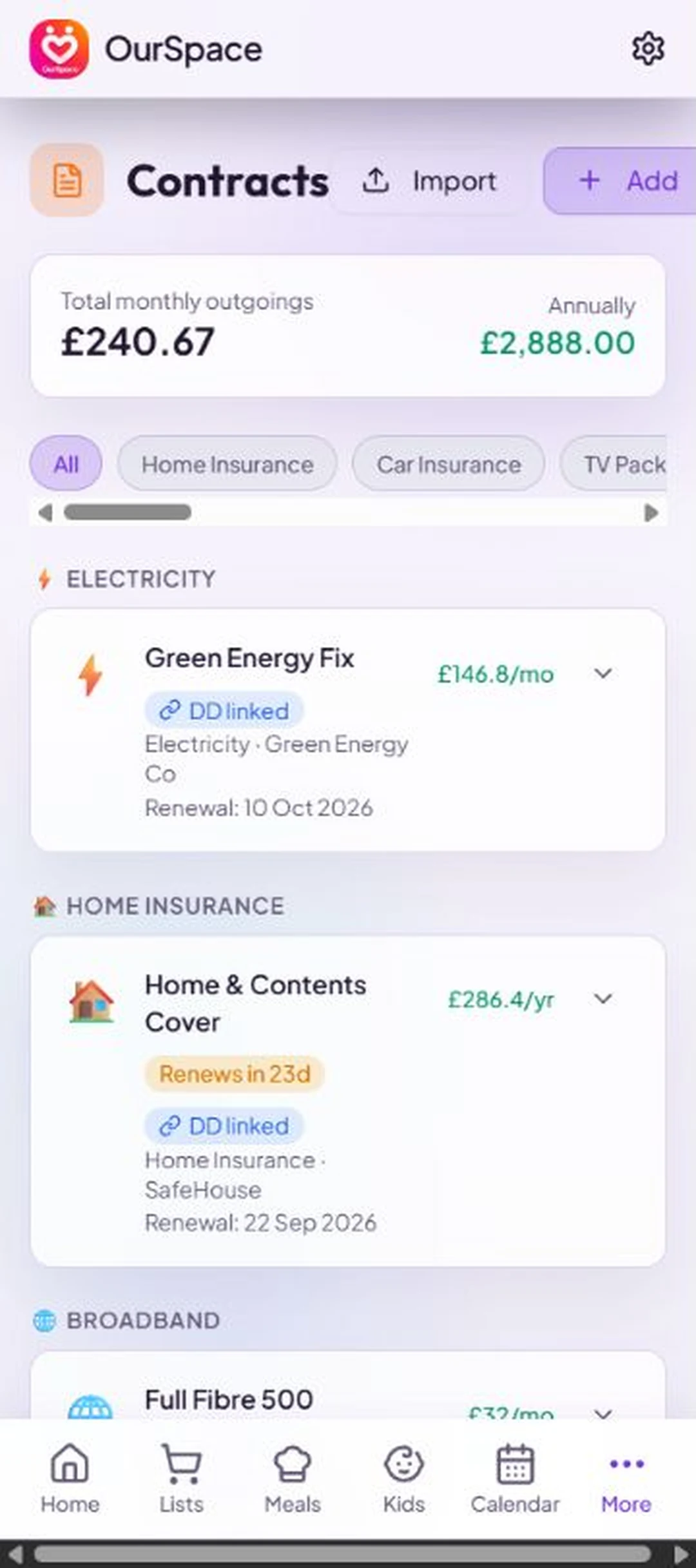 OurSpace's contracts screen showing household services, renewal dates and costs.