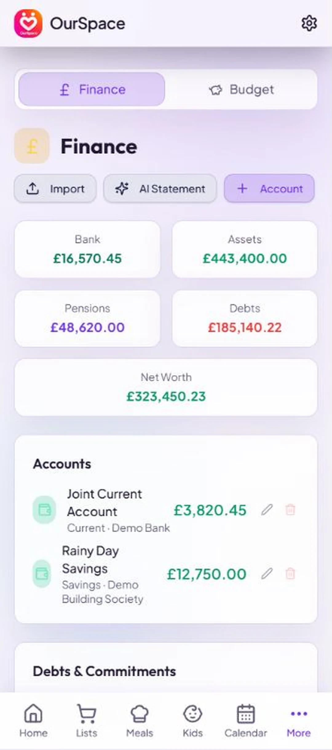 OurSpace's finance screen showing accounts, assets, pensions, debts and net worth.