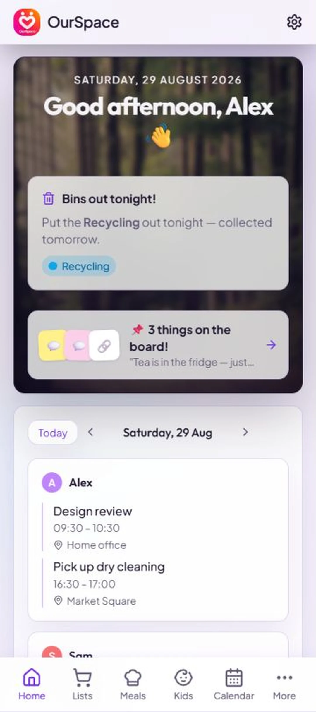 OurSpace's home screen showing today's events, household updates, bins and notice board.