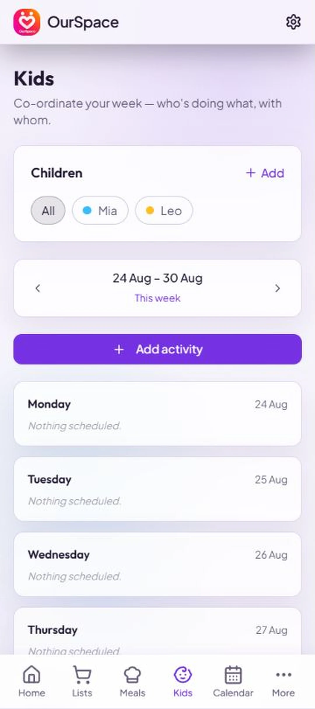 OurSpace's kids screen showing the week's activities, locations and pickup arrangements.