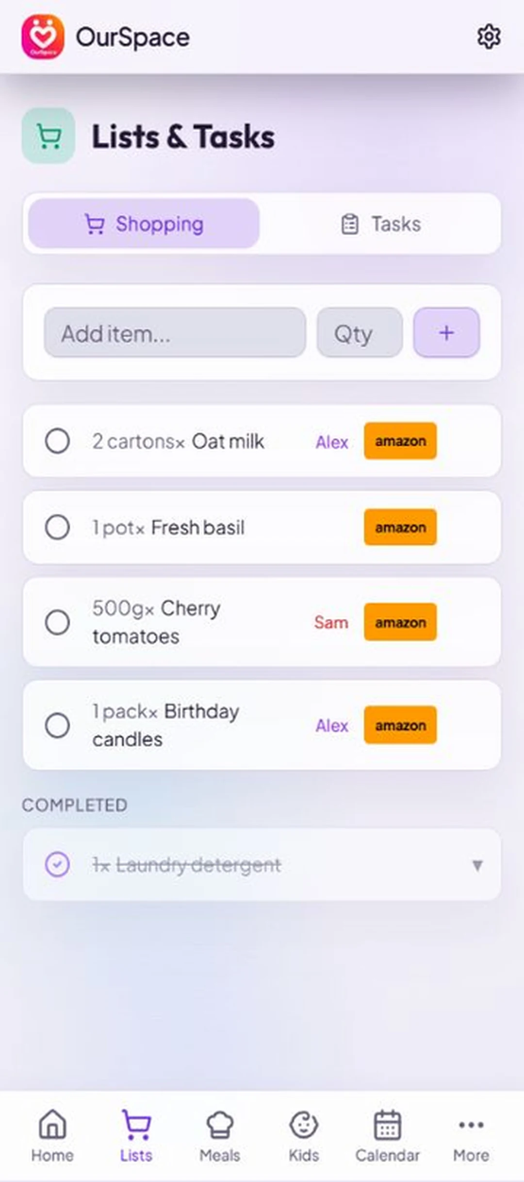 OurSpace's shared lists showing shopping items, tasks and completed items.
