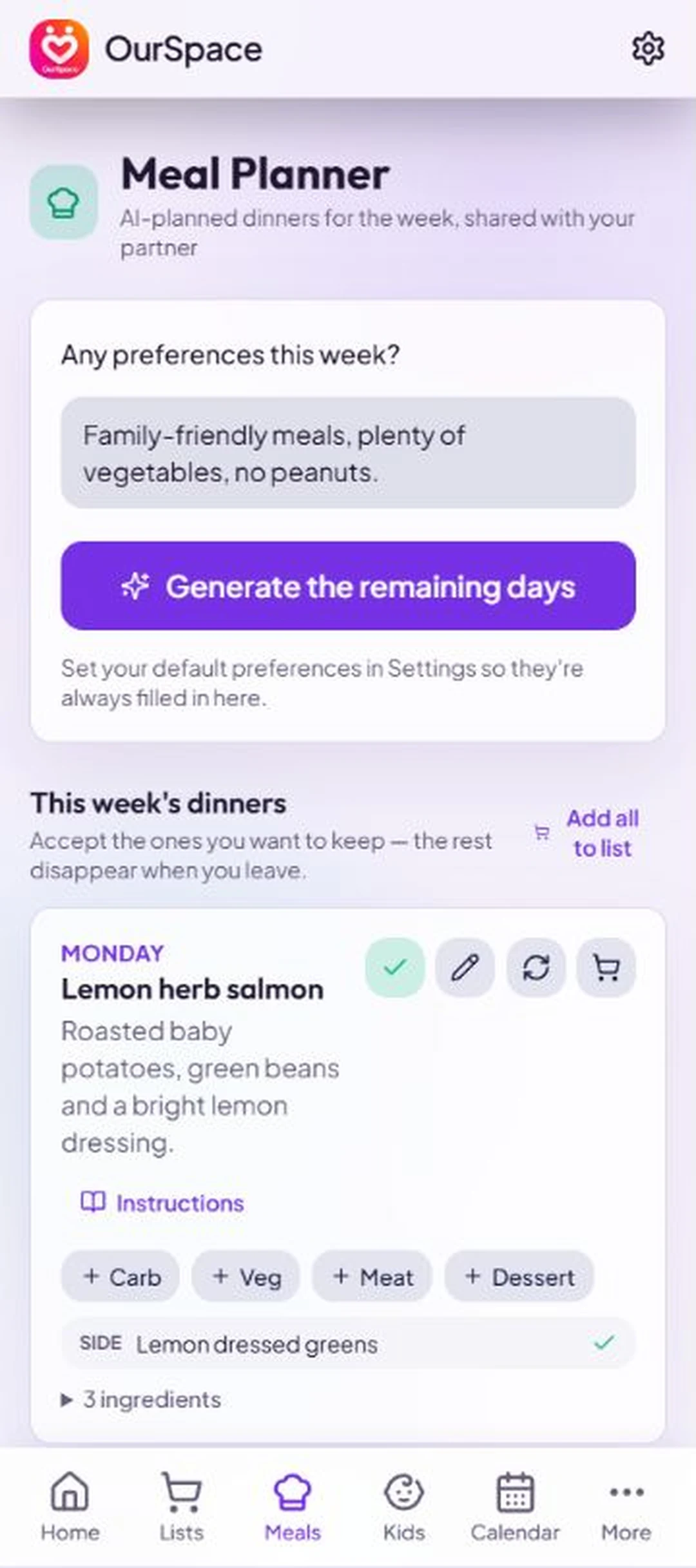 OurSpace's meal planner showing a week of dinners with recipes and shopping-list actions.